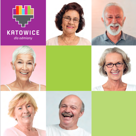 Obraz podzielony na 9 kwadratowych segmentów. 6 z nich przedstawia twarze uśmięchniętych seniorów mężczyzn i kobiet.Dwa segmenty w odcieniach jasnej zieleni. Jeden segment w kolorze filoetu z logo Miasta Katowice