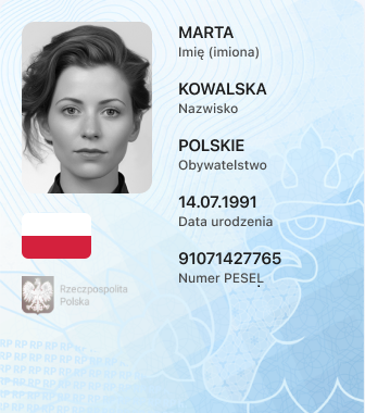 Obraz przedstawia przykładowy dokument z wizerunkiem osoby, jej imię, nazwisko, narodowość, datę urodzenia, numer PESEL oraz flagę polską i polskie godło.