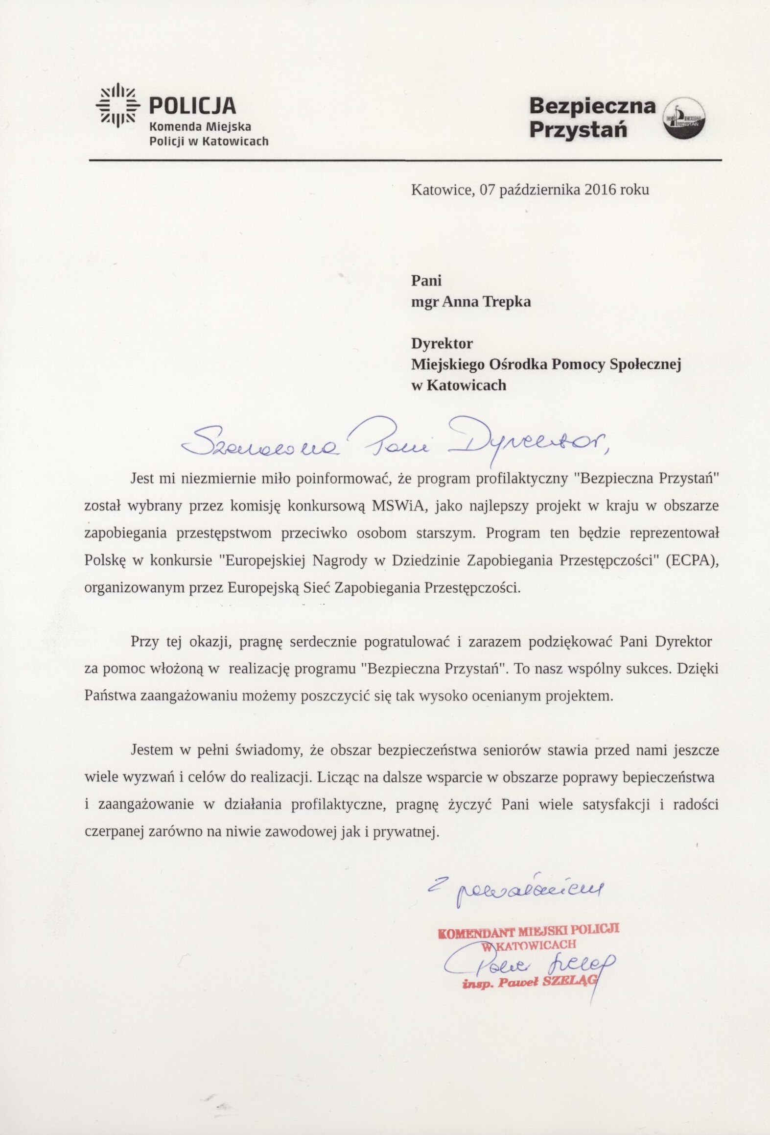 pismo Pana insp. Pawła Szeląga z gratulacjami i podziękowaniami dla Dyrektora MOPS