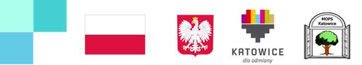 Logotypy flaga Polski, godło, logo Miasta Katowice i logo MOPS