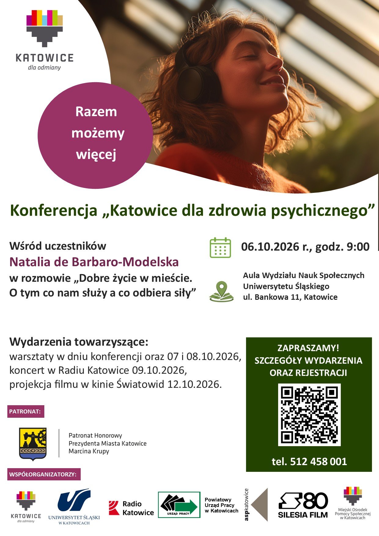 Plakat informujący o konferencji na temat zdrowia psychicznego Plakat informujący o konferencji na temat zdrowia psychicznego